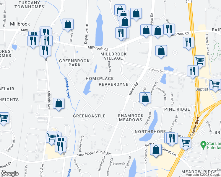 map of restaurants, bars, coffee shops, grocery stores, and more near 4632 Kilcullen Drive in Raleigh