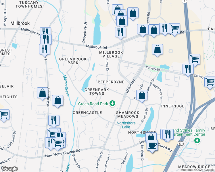 map of restaurants, bars, coffee shops, grocery stores, and more near 4632 Kilcullen Drive in Raleigh