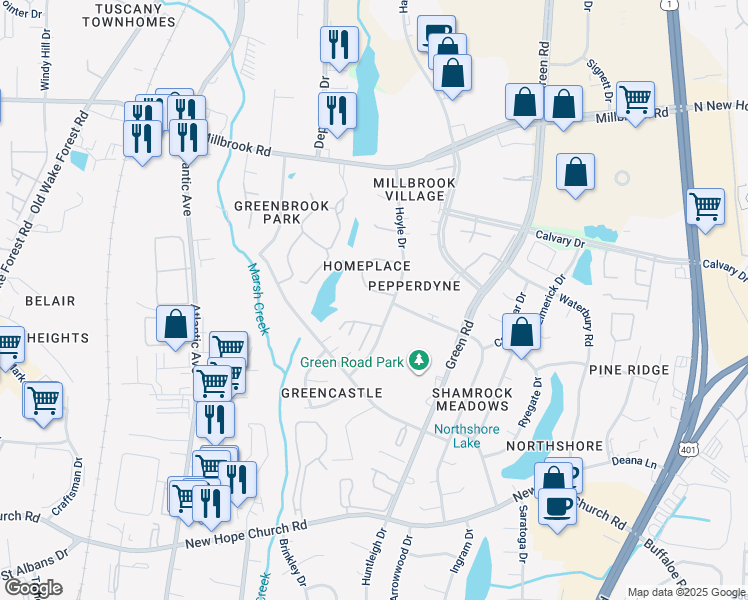 map of restaurants, bars, coffee shops, grocery stores, and more near 4722 Parkville Drive in Raleigh