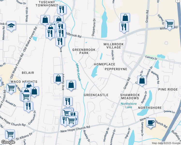 map of restaurants, bars, coffee shops, grocery stores, and more near 4551 Brockton Drive in Raleigh