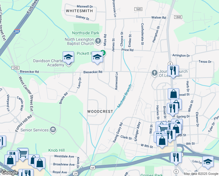 map of restaurants, bars, coffee shops, grocery stores, and more near 215 Woodhaven Drive in Lexington