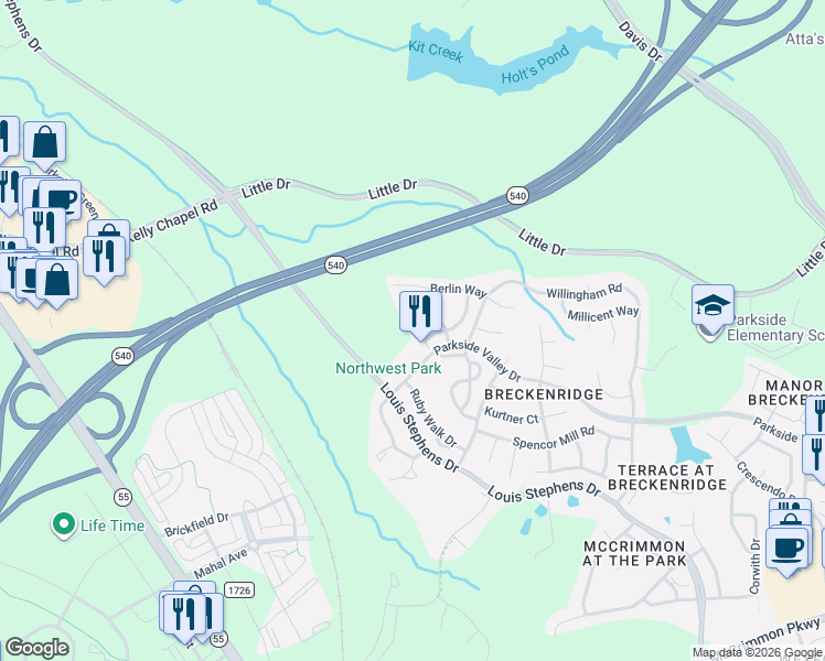 map of restaurants, bars, coffee shops, grocery stores, and more near 504 Apricot Circle in Morrisville