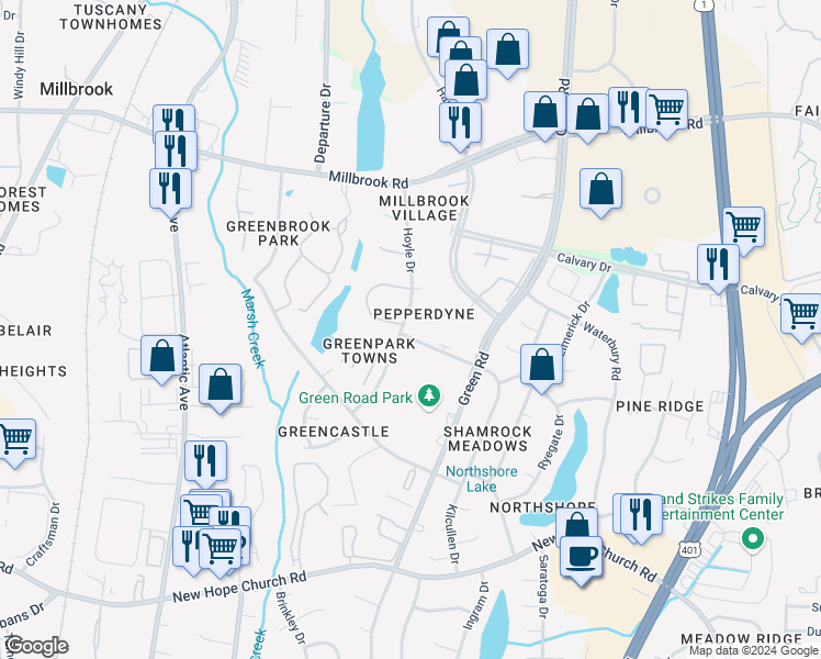 map of restaurants, bars, coffee shops, grocery stores, and more near 4632 Kilcullen Drive in Raleigh