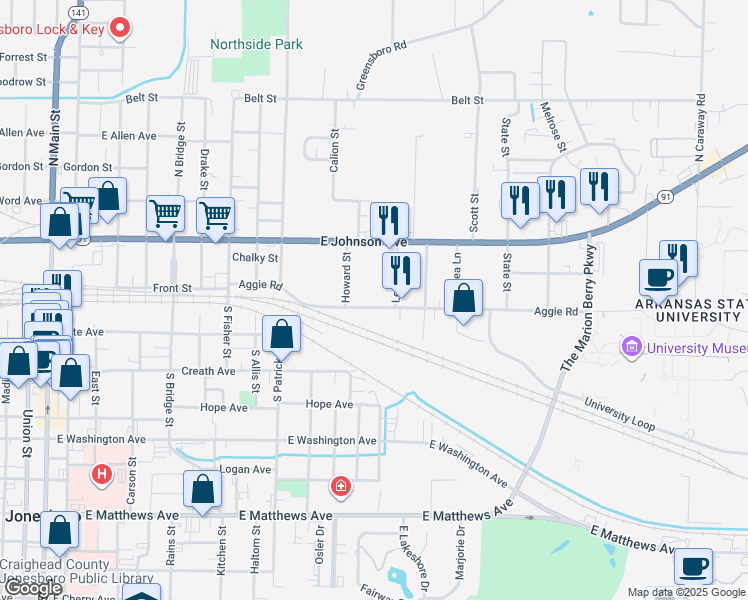 map of restaurants, bars, coffee shops, grocery stores, and more near 1215 Aggie Road in Jonesboro