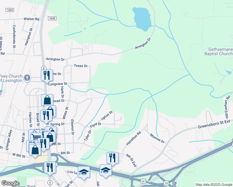 map of restaurants, bars, coffee shops, grocery stores, and more near Northview Drive in Lexington
