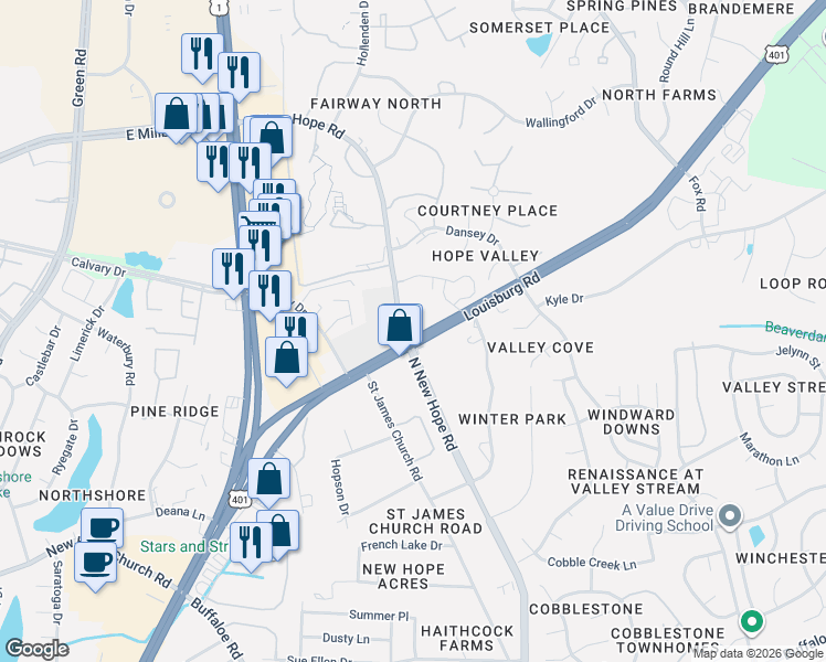 map of restaurants, bars, coffee shops, grocery stores, and more near 4526 North New Hope Road in Raleigh