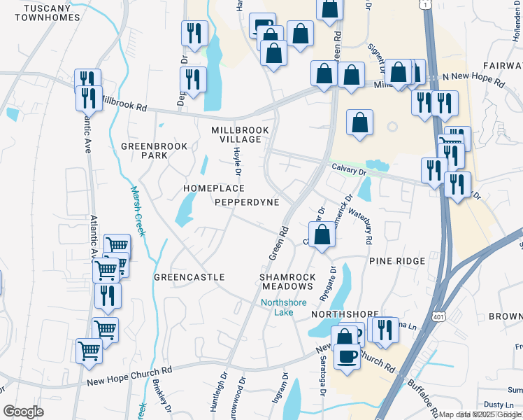 map of restaurants, bars, coffee shops, grocery stores, and more near 4305 Presley Court in Raleigh
