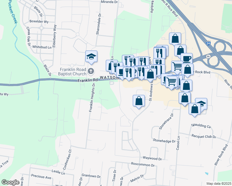 map of restaurants, bars, coffee shops, grocery stores, and more near 2909 Old Fort Parkway in Murfreesboro