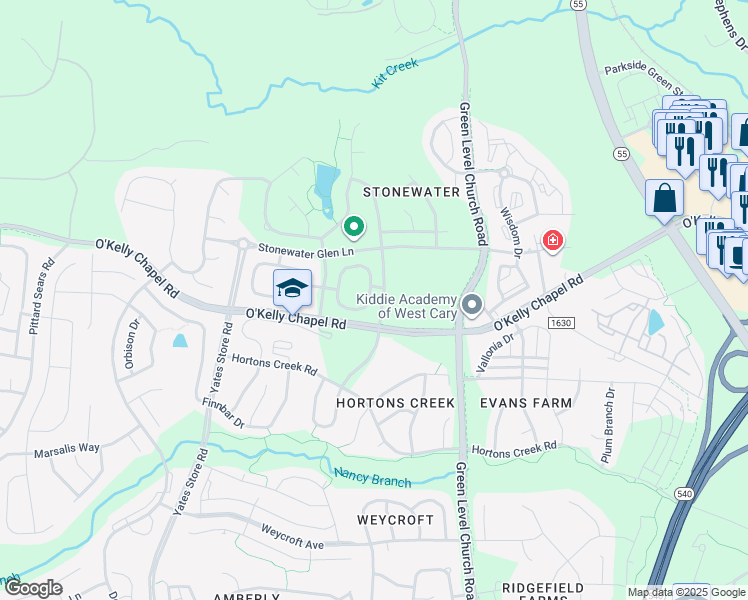 map of restaurants, bars, coffee shops, grocery stores, and more near 573 Panorama Park Place in Cary