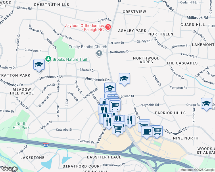 map of restaurants, bars, coffee shops, grocery stores, and more near 4601 Six Forks Road in Raleigh
