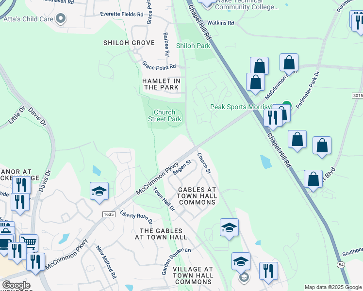 map of restaurants, bars, coffee shops, grocery stores, and more near 5802 McCrimmon Parkway in Morrisville