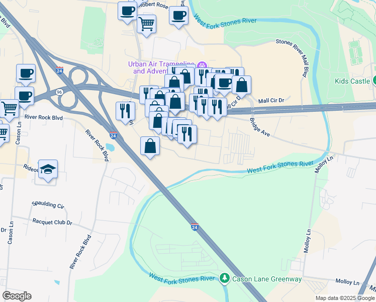 map of restaurants, bars, coffee shops, grocery stores, and more near 1851 Old Fort Parkway in Murfreesboro