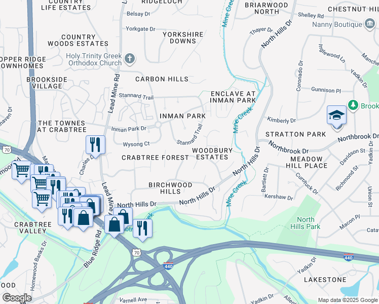 map of restaurants, bars, coffee shops, grocery stores, and more near 4505 Woodbury Drive in Raleigh