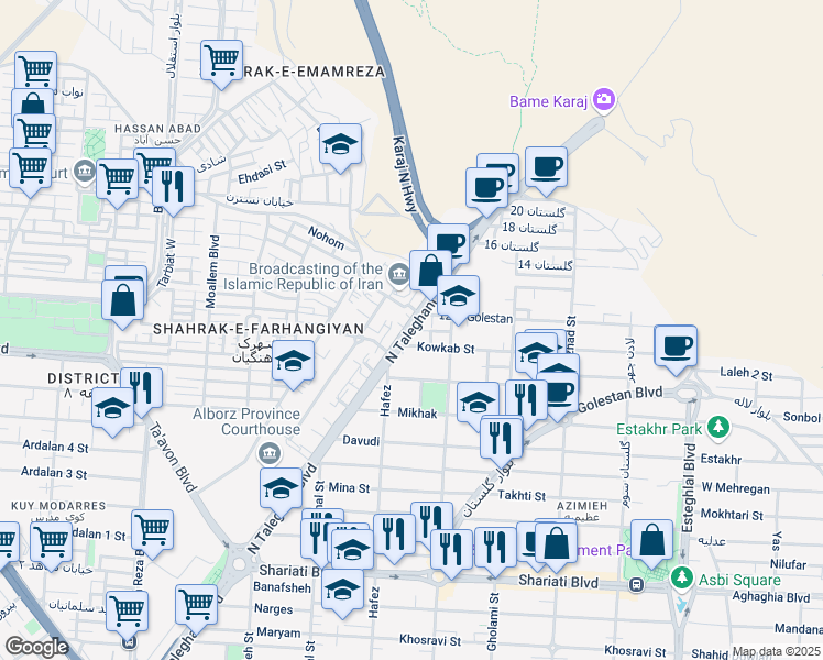 map of restaurants, bars, coffee shops, grocery stores, and more near North Taleghani Boulevard in Karaj