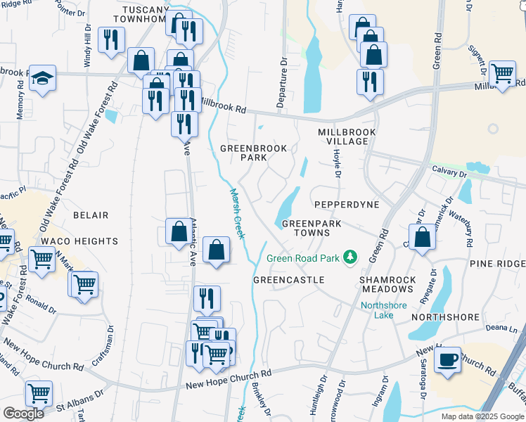 map of restaurants, bars, coffee shops, grocery stores, and more near 4608 Brockton Drive in Raleigh