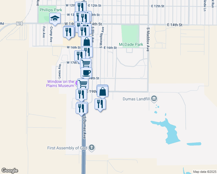map of restaurants, bars, coffee shops, grocery stores, and more near 315 East 19th Street in Dumas