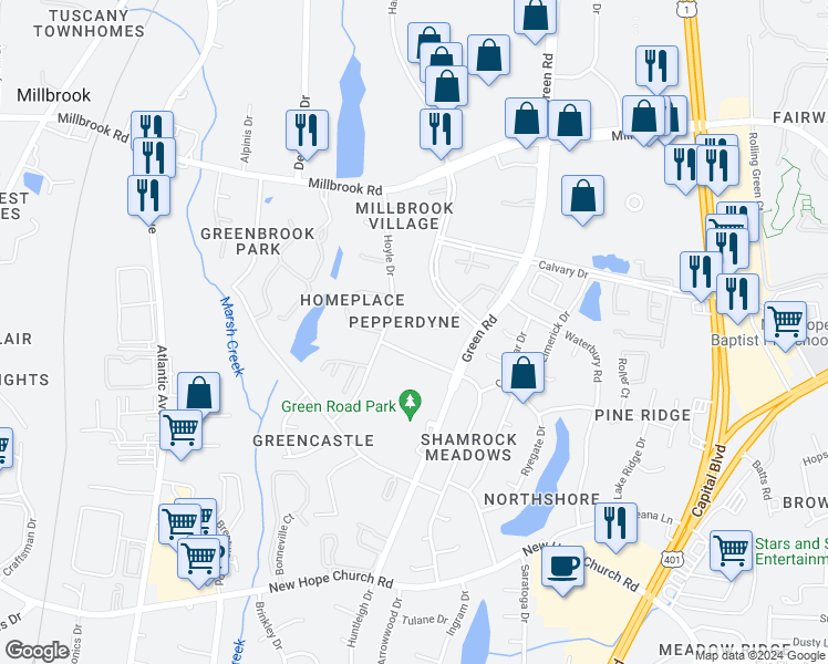 map of restaurants, bars, coffee shops, grocery stores, and more near 4305 Presley Court in Raleigh