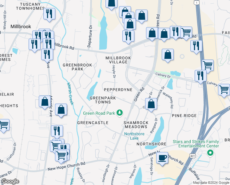 map of restaurants, bars, coffee shops, grocery stores, and more near 4720 Matt Drive in Raleigh