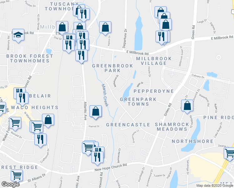 map of restaurants, bars, coffee shops, grocery stores, and more near 4607 Grinding Stone Drive in Raleigh