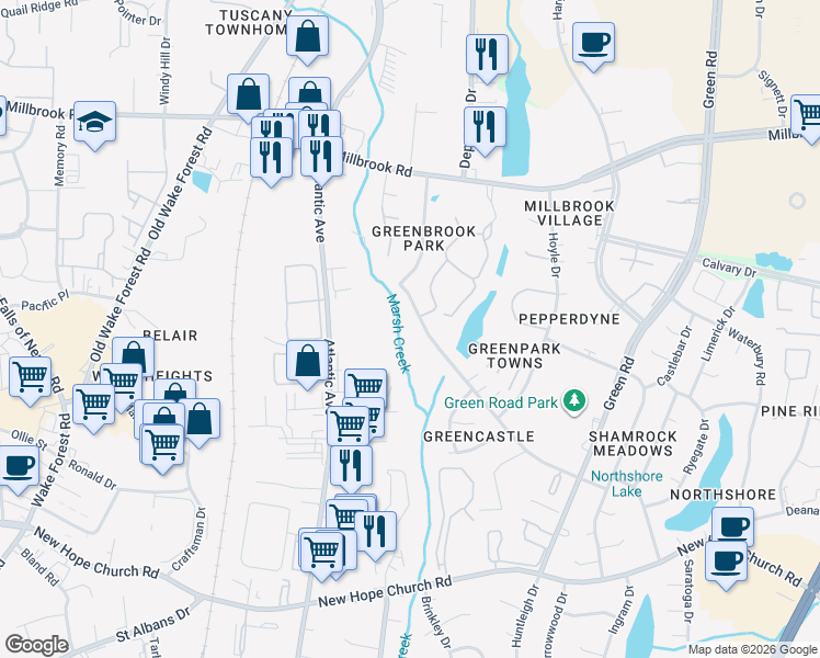 map of restaurants, bars, coffee shops, grocery stores, and more near 4705 Brockton Drive in Raleigh