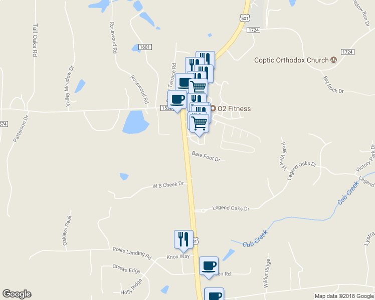 map of restaurants, bars, coffee shops, grocery stores, and more near 1707 U.S. 15 501 Highway North in Chapel Hill