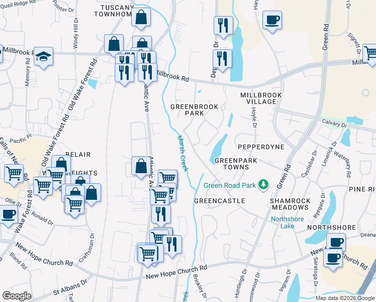 map of restaurants, bars, coffee shops, grocery stores, and more near 4705 Brockton Drive in Raleigh