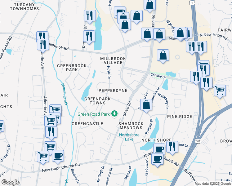 map of restaurants, bars, coffee shops, grocery stores, and more near 4305 Presley Court in Raleigh
