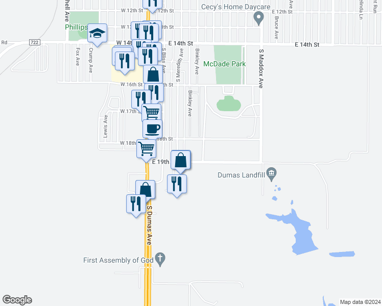 map of restaurants, bars, coffee shops, grocery stores, and more near 315 East 19th Street in Dumas