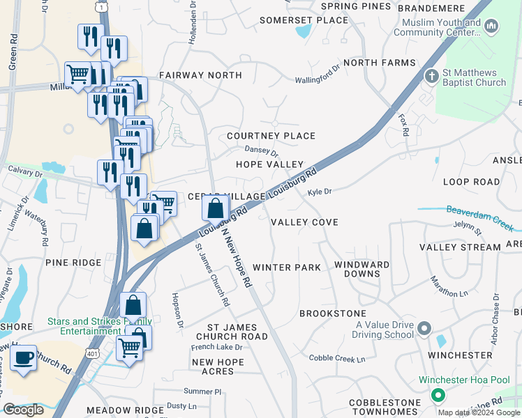 map of restaurants, bars, coffee shops, grocery stores, and more near 4429 James Road in Raleigh
