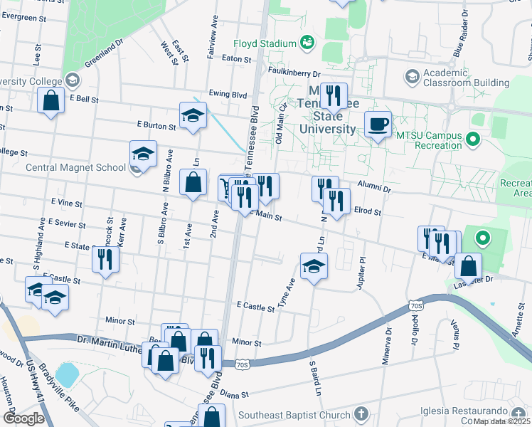 map of restaurants, bars, coffee shops, grocery stores, and more near in Murfreesboro