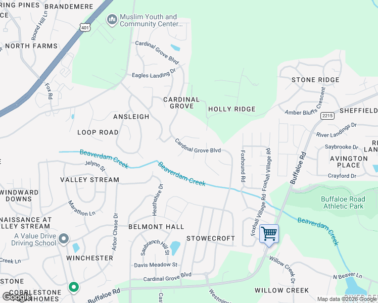 map of restaurants, bars, coffee shops, grocery stores, and more near 4821 Cardinal Grove Boulevard in Raleigh