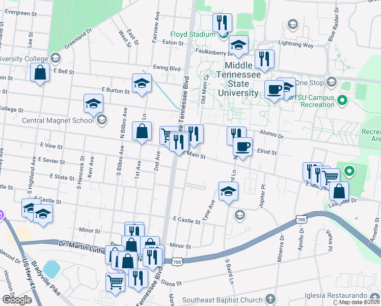 map of restaurants, bars, coffee shops, grocery stores, and more near 1301 East Main Street in Murfreesboro