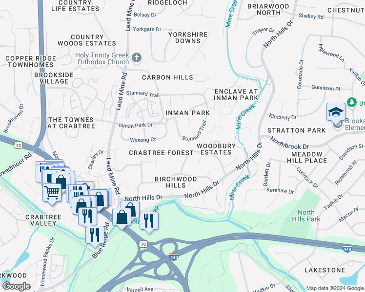 map of restaurants, bars, coffee shops, grocery stores, and more near 4508 Leaf Court in Raleigh