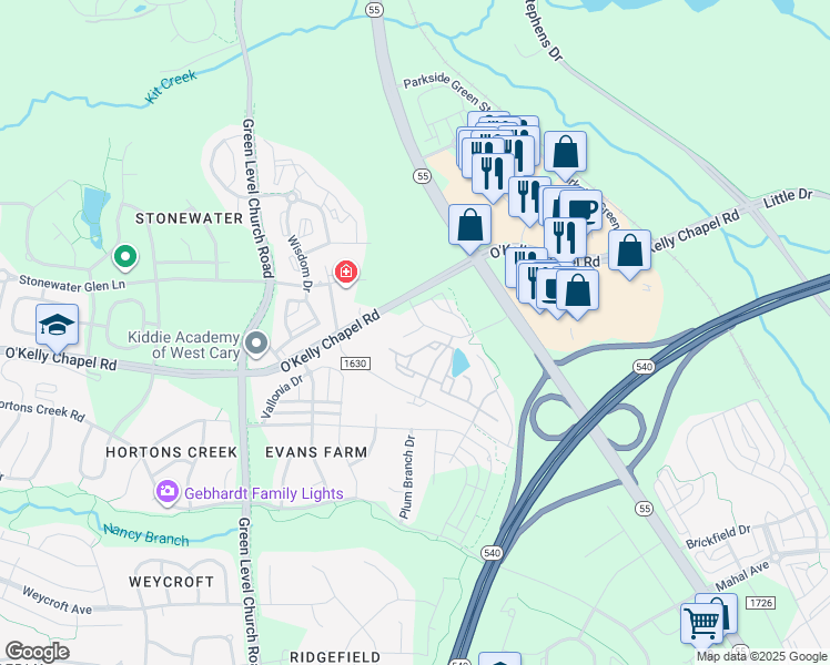 map of restaurants, bars, coffee shops, grocery stores, and more near 7215 O'Kelly Chapel Road in Cary