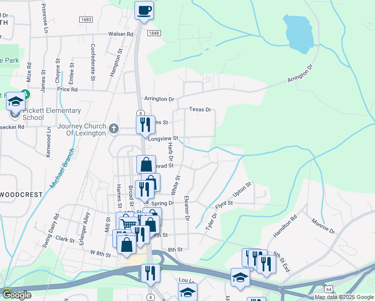 map of restaurants, bars, coffee shops, grocery stores, and more near 1317 White Street in Lexington
