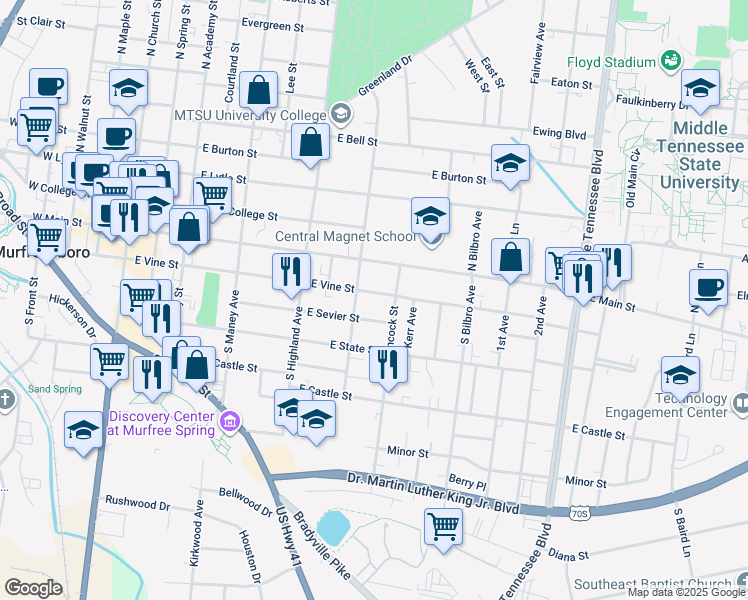 map of restaurants, bars, coffee shops, grocery stores, and more near 633 East Vine Street in Murfreesboro