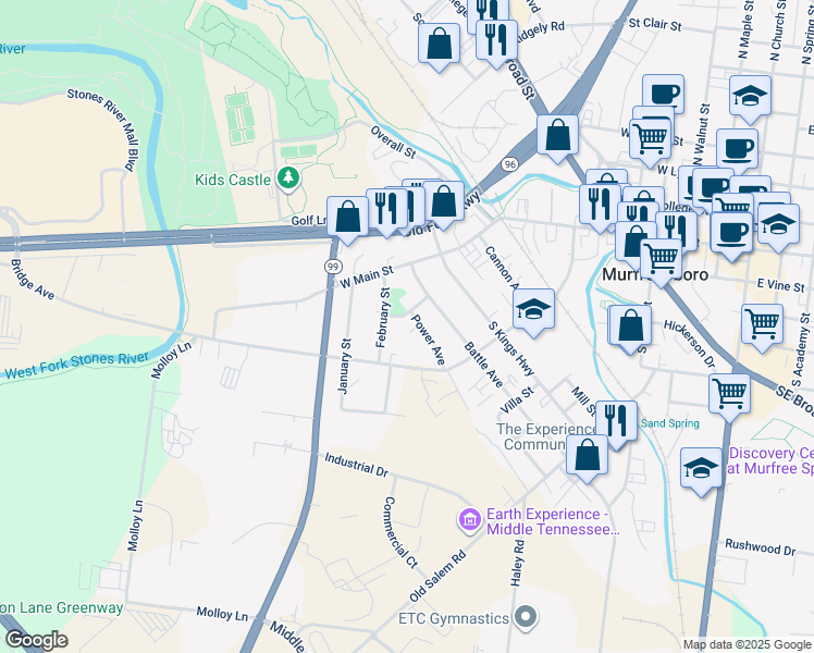 map of restaurants, bars, coffee shops, grocery stores, and more near 905 Smith Street in Murfreesboro