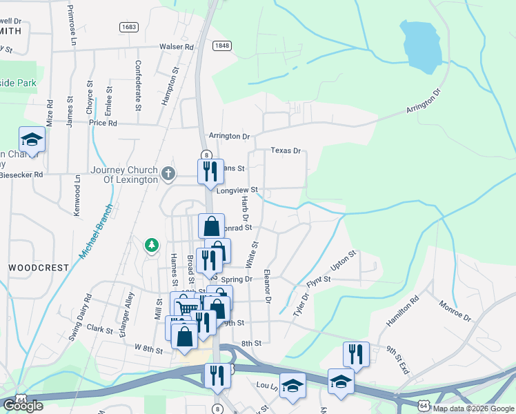 map of restaurants, bars, coffee shops, grocery stores, and more near 16 Longview Street in Lexington