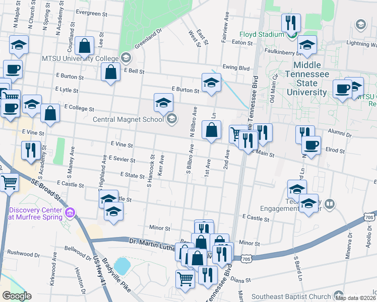 map of restaurants, bars, coffee shops, grocery stores, and more near 816 East Main Street in Murfreesboro