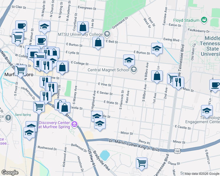 map of restaurants, bars, coffee shops, grocery stores, and more near 118 South University Street in Murfreesboro