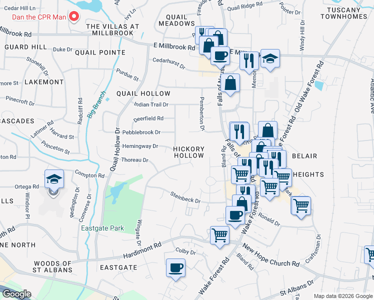 map of restaurants, bars, coffee shops, grocery stores, and more near 4521 Wingate Drive in Raleigh