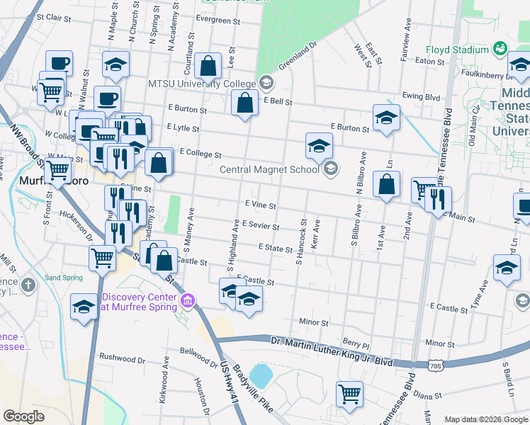 map of restaurants, bars, coffee shops, grocery stores, and more near 118 South University Street in Murfreesboro