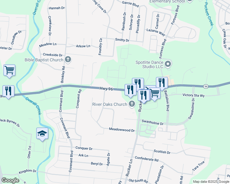 map of restaurants, bars, coffee shops, grocery stores, and more near 4577 Franklin Road in Murfreesboro