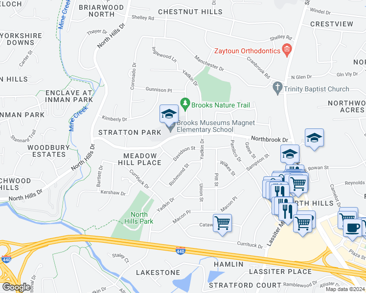 map of restaurants, bars, coffee shops, grocery stores, and more near 716 Davidson Street in Raleigh
