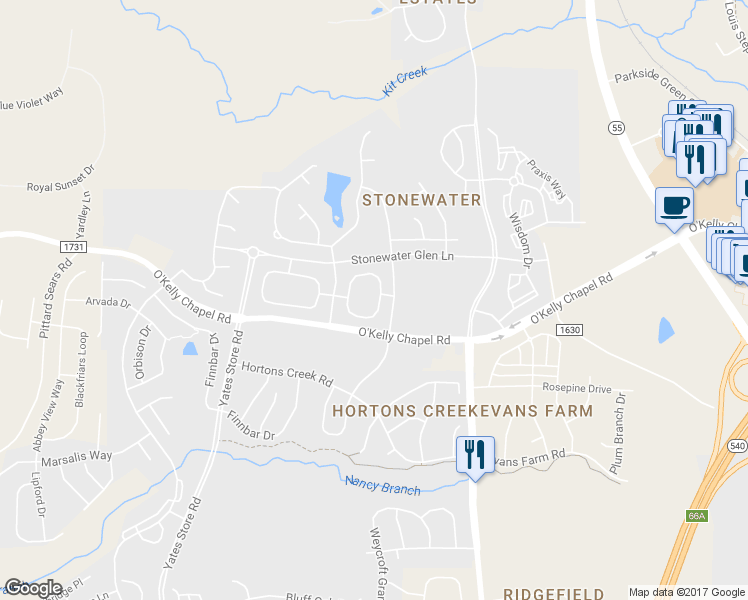 map of restaurants, bars, coffee shops, grocery stores, and more near 408 Panorama Park Place in Cary