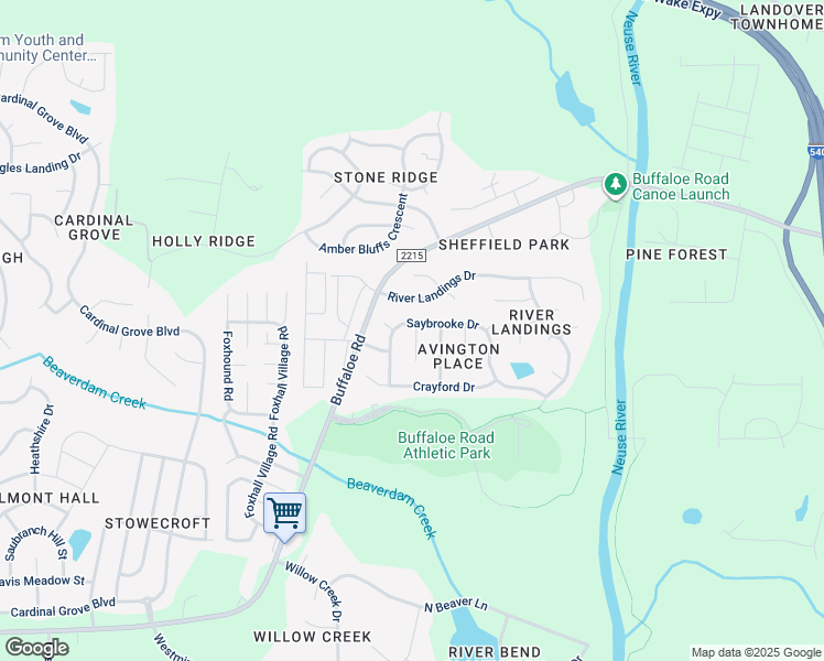 map of restaurants, bars, coffee shops, grocery stores, and more near 6129 Saybrooke Drive in Raleigh