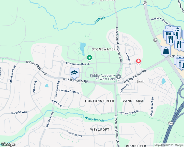 map of restaurants, bars, coffee shops, grocery stores, and more near 408 Panorama Park Place in Cary