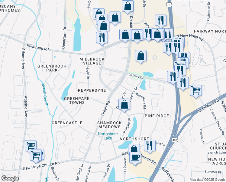 map of restaurants, bars, coffee shops, grocery stores, and more near 4500 Hargrove Road in Raleigh