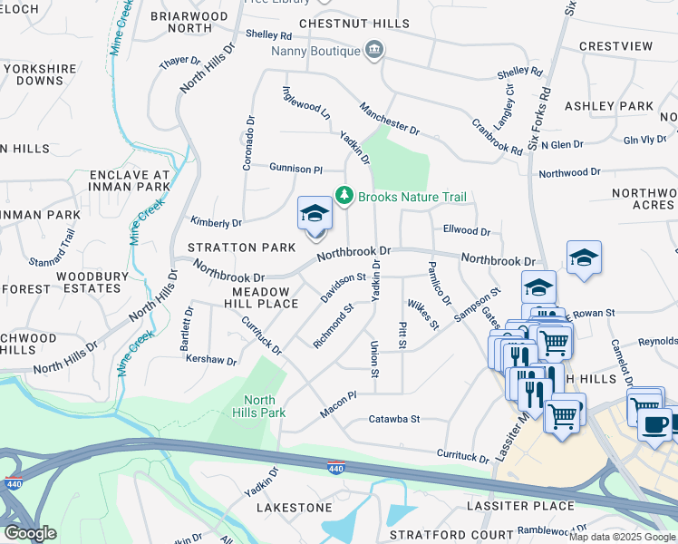 map of restaurants, bars, coffee shops, grocery stores, and more near 716 Davidson Street in Raleigh