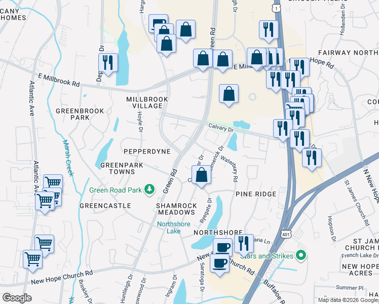 map of restaurants, bars, coffee shops, grocery stores, and more near 4909 Waterbury Road in Raleigh
